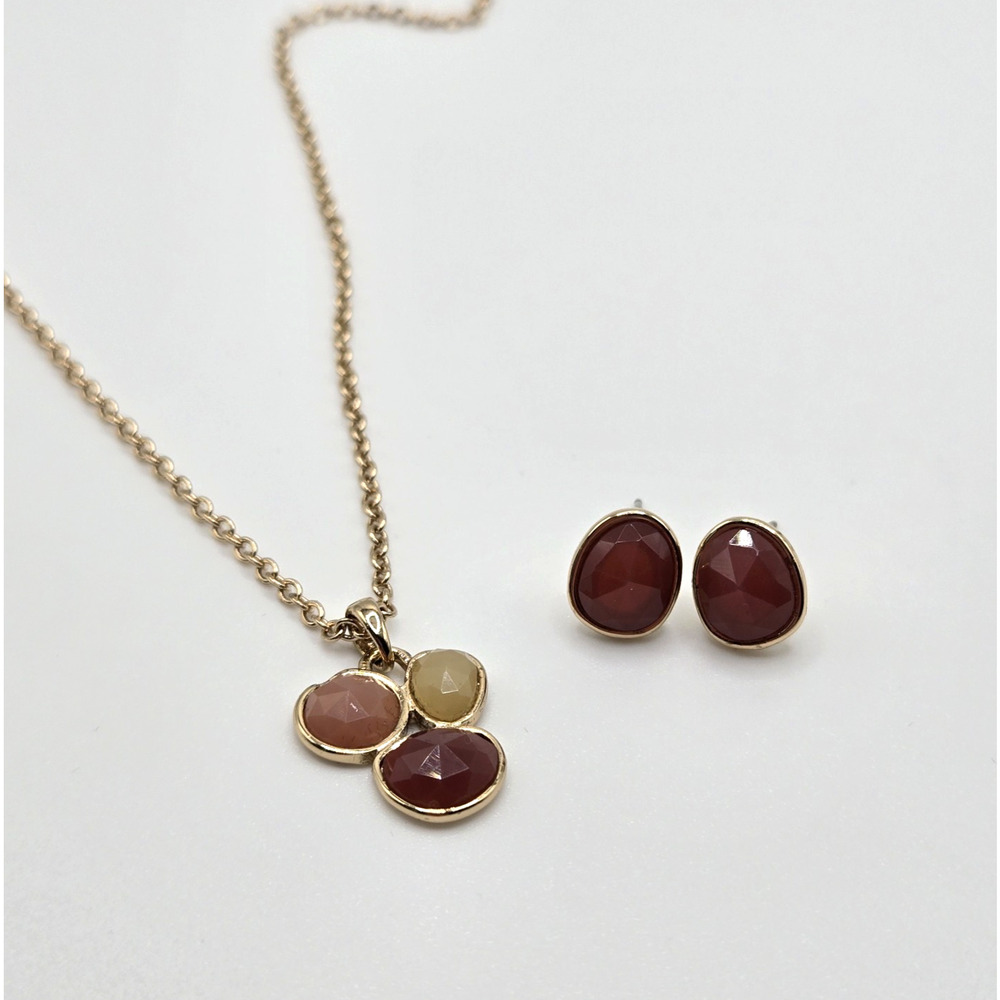 Necklace Earring Set Red Pink Asymetrical Stones Goldtone Modern Casual Boho NEW